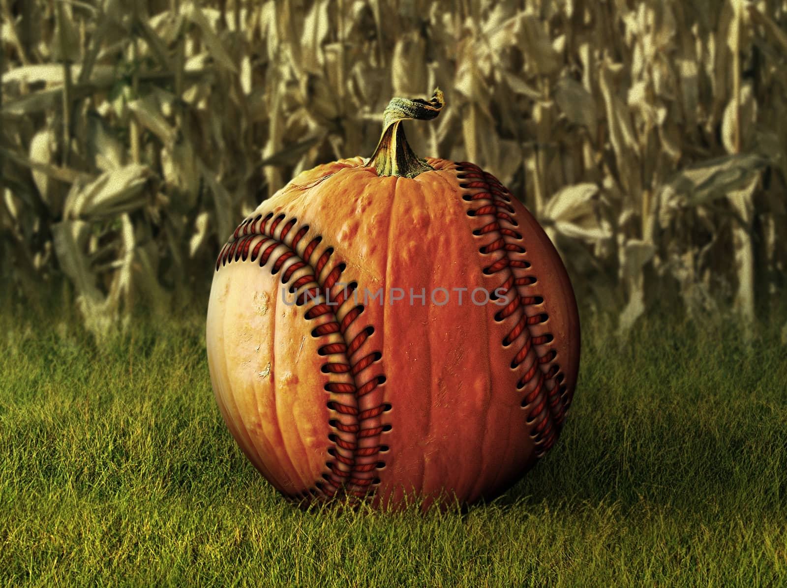 Photo Illustration of a pumpkin retouched as a baseball with a corn field in the background.   