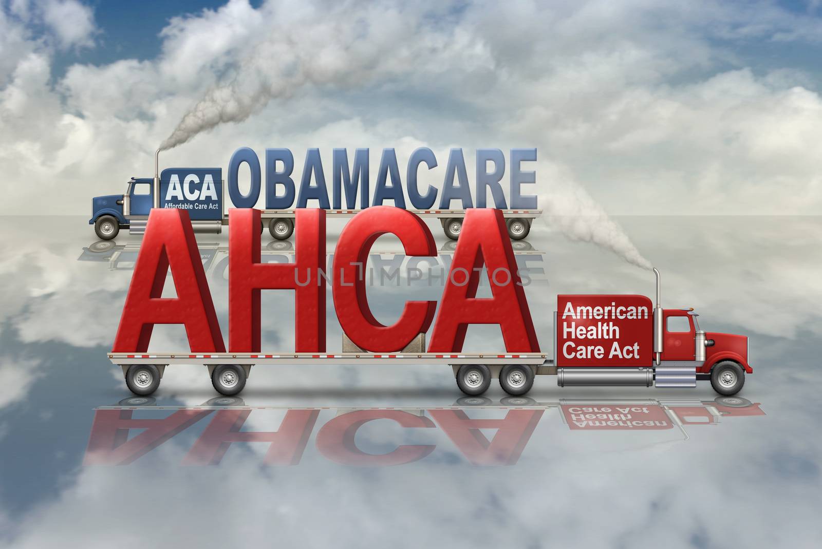 United States Health Care plans by Democrats, Obamacare, and by Republicans, American Health Care Act, carried in and out on two flatbed trucks. 3D Illustration