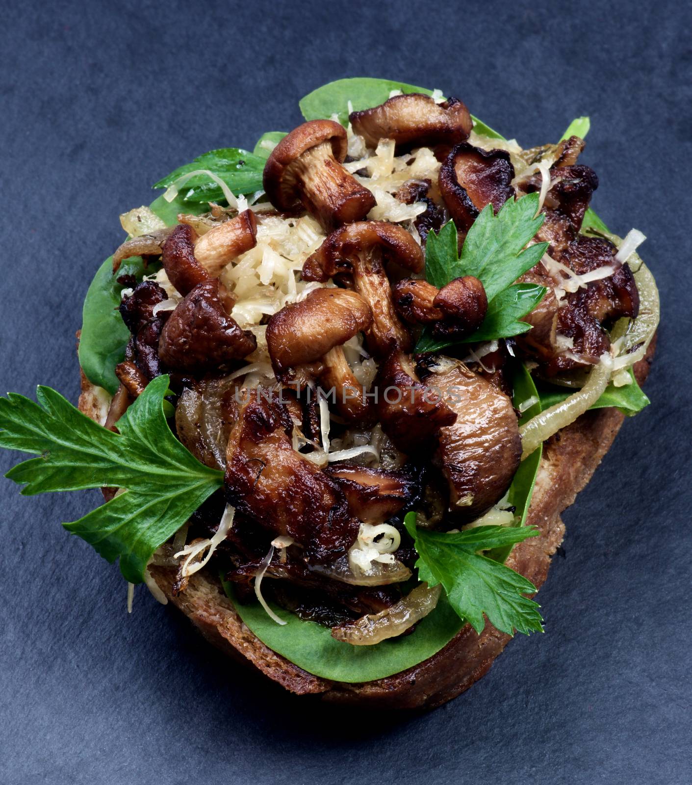 Delicious Roasted Sandwiches Crostini with Mushrooms Chanterelles, Cheese, Parsley and Sliced Onion on Whole Grain Bread closeup on Slate background