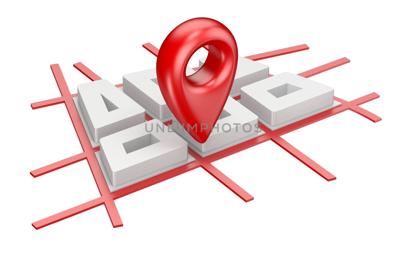 Red map pointer on city plane navigation concept 3D render illustration isolated on white background