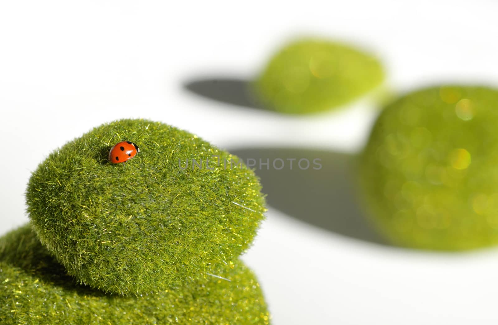 Stack of green stones and ladybug