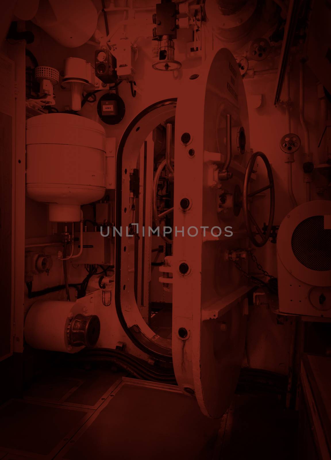 Interior of an old submarine - Limited space and lots of equipment - Door