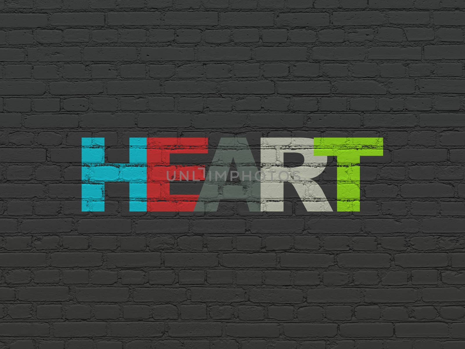 Healthcare concept: Painted multicolor text Heart on Black Brick wall background