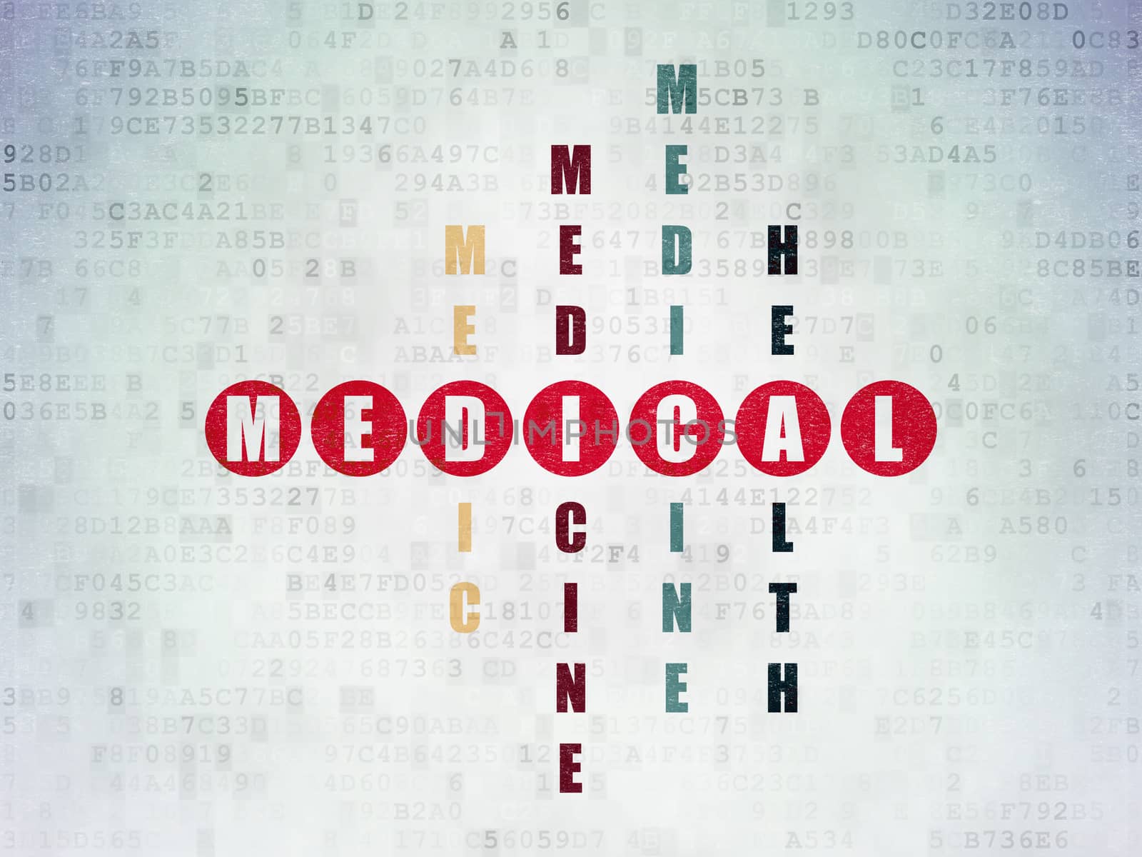Health concept: Painted red word Medical in solving Crossword Puzzle on Digital Data Paper background