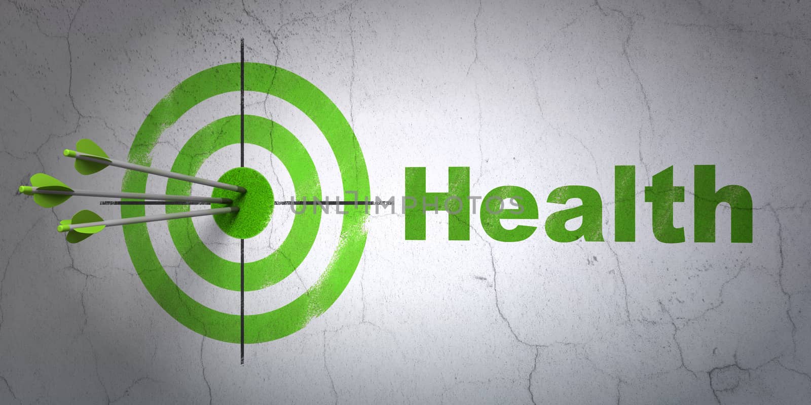 Success Healthcare concept: arrows hitting the center of target, Green Health on wall background, 3D rendering