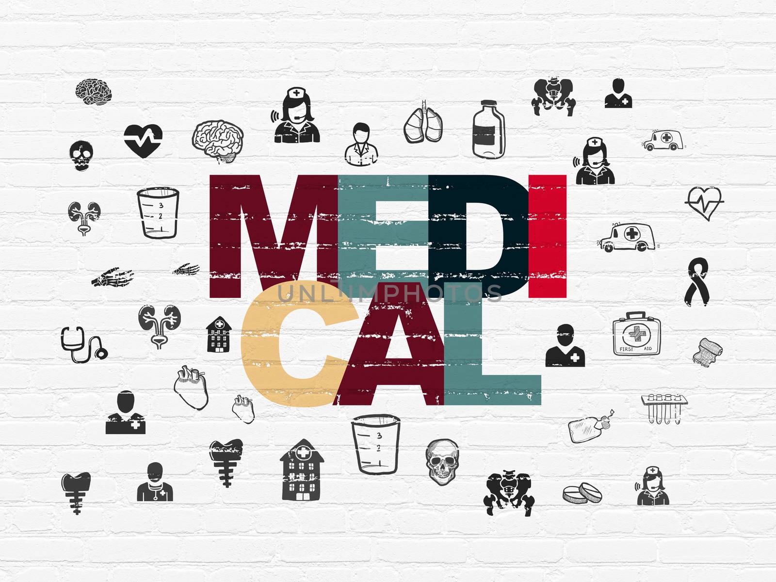 Healthcare concept: Painted multicolor text Medical on White Brick wall background with  Hand Drawn Medicine Icons