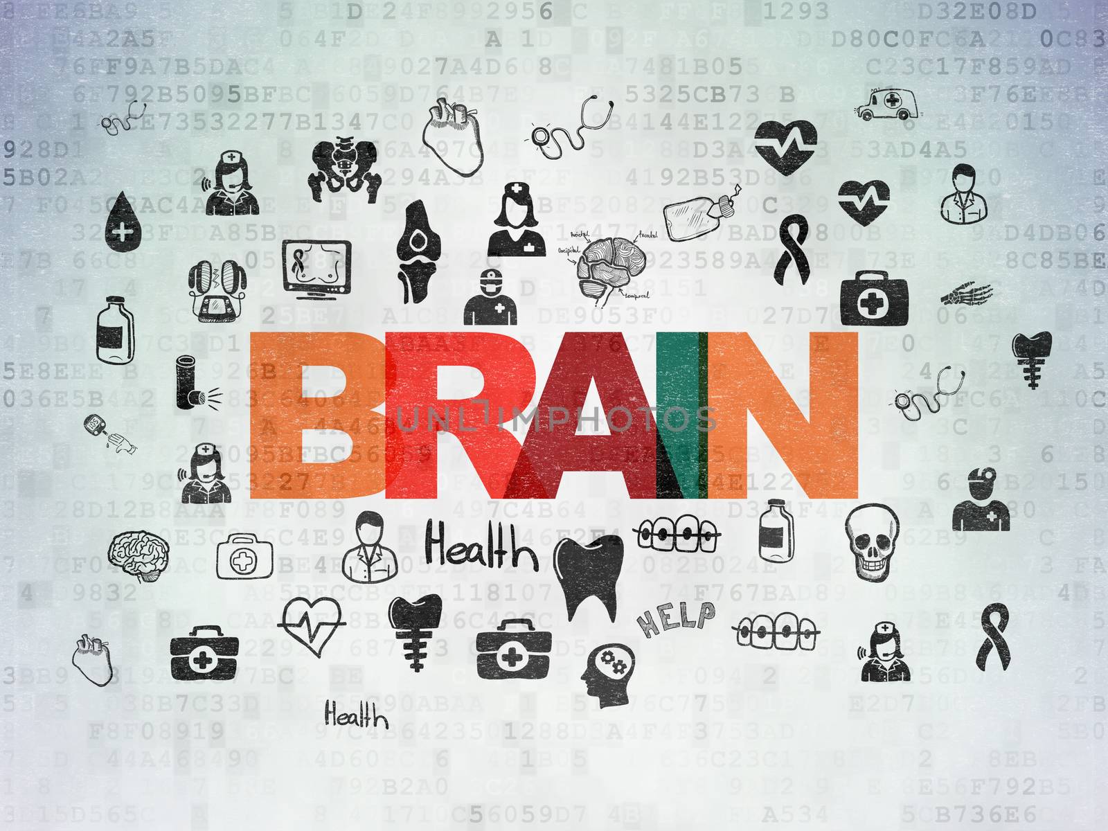 Health concept: Painted multicolor text Brain on Digital Data Paper background with  Hand Drawn Medicine Icons