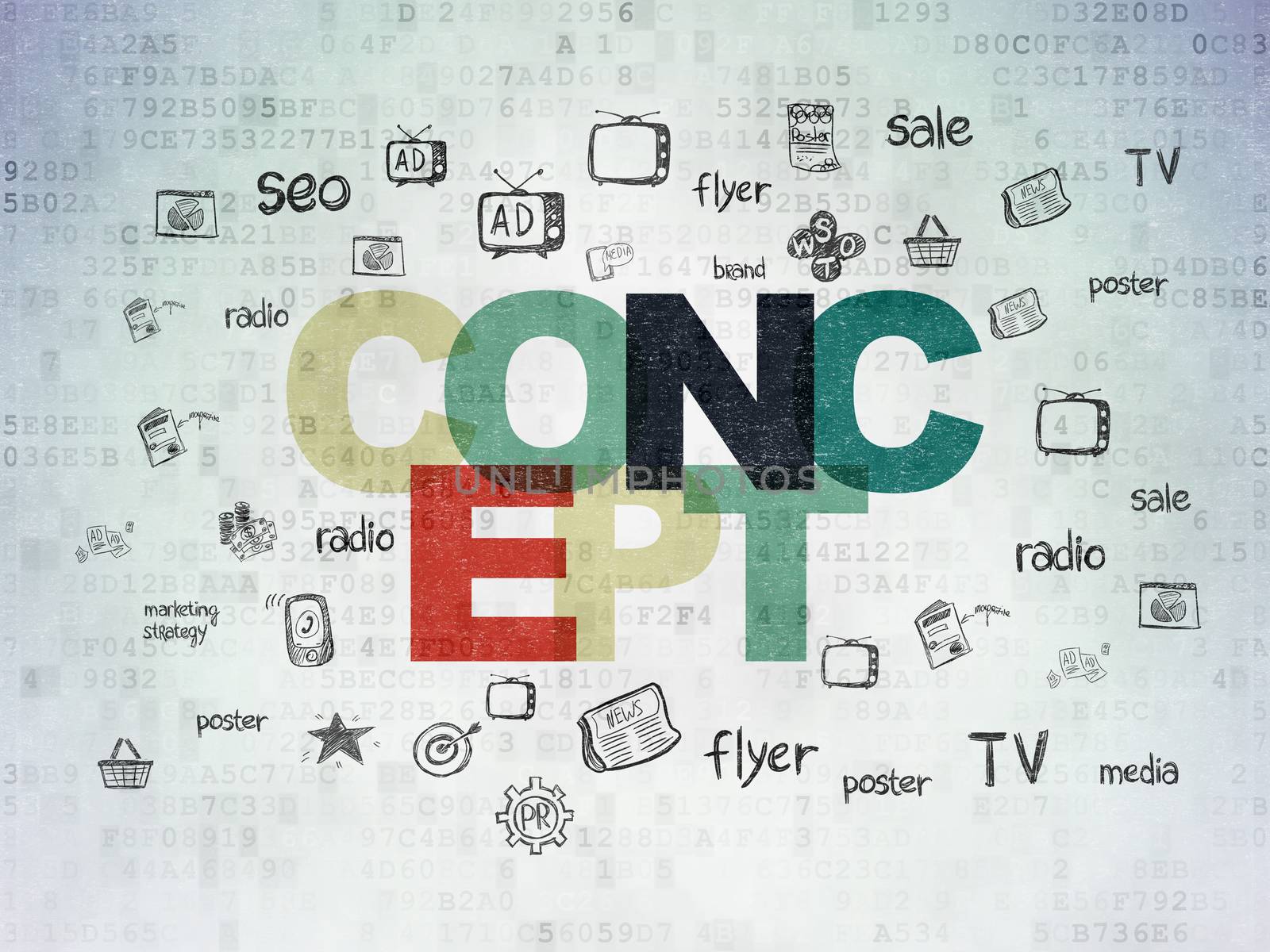 Advertising concept: Painted multicolor text Concept on Digital Data Paper background with  Hand Drawn Marketing Icons