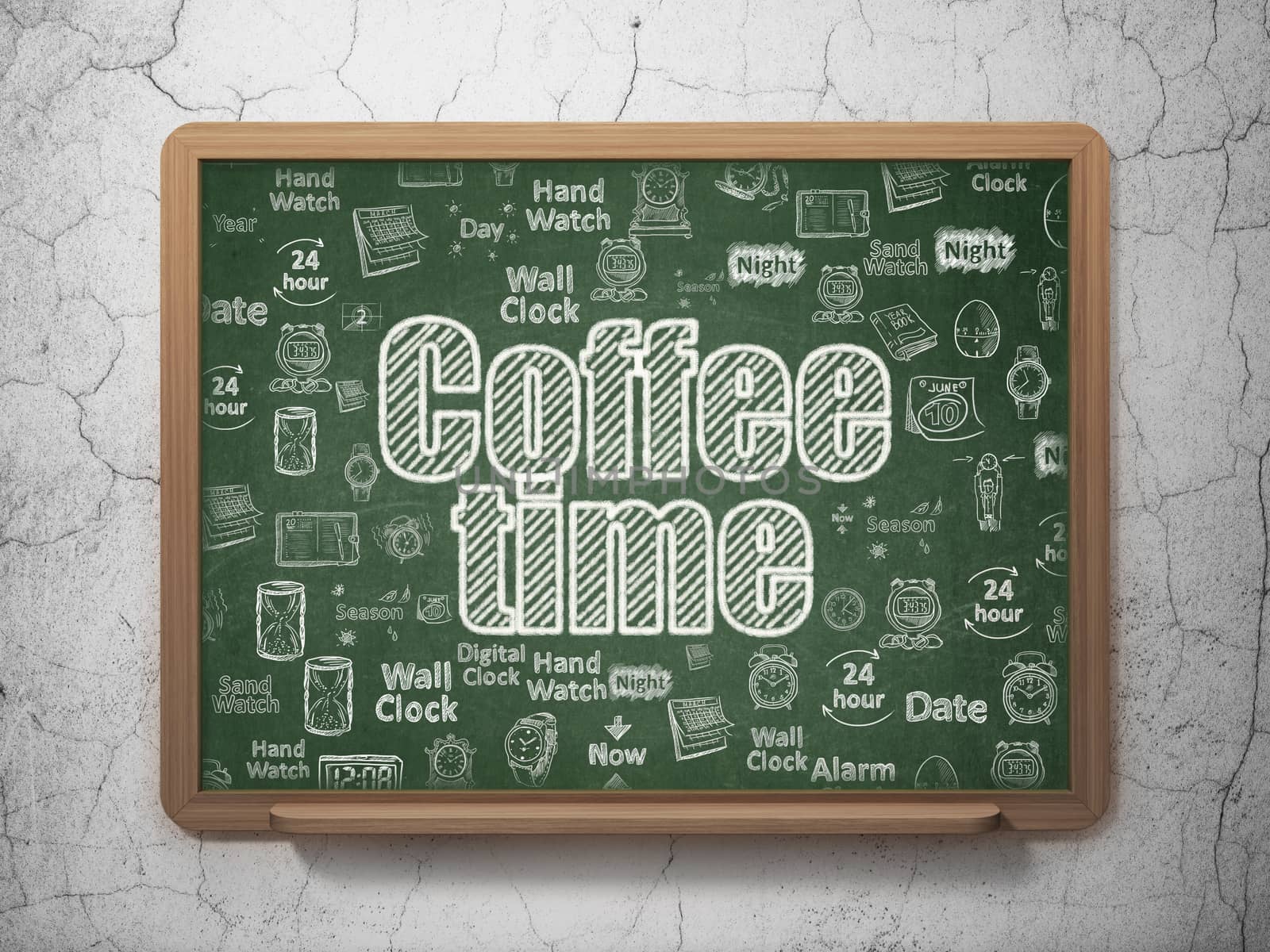Timeline concept: Chalk White text Coffee Time on School board background with  Hand Drawing Time Icons, 3D Rendering