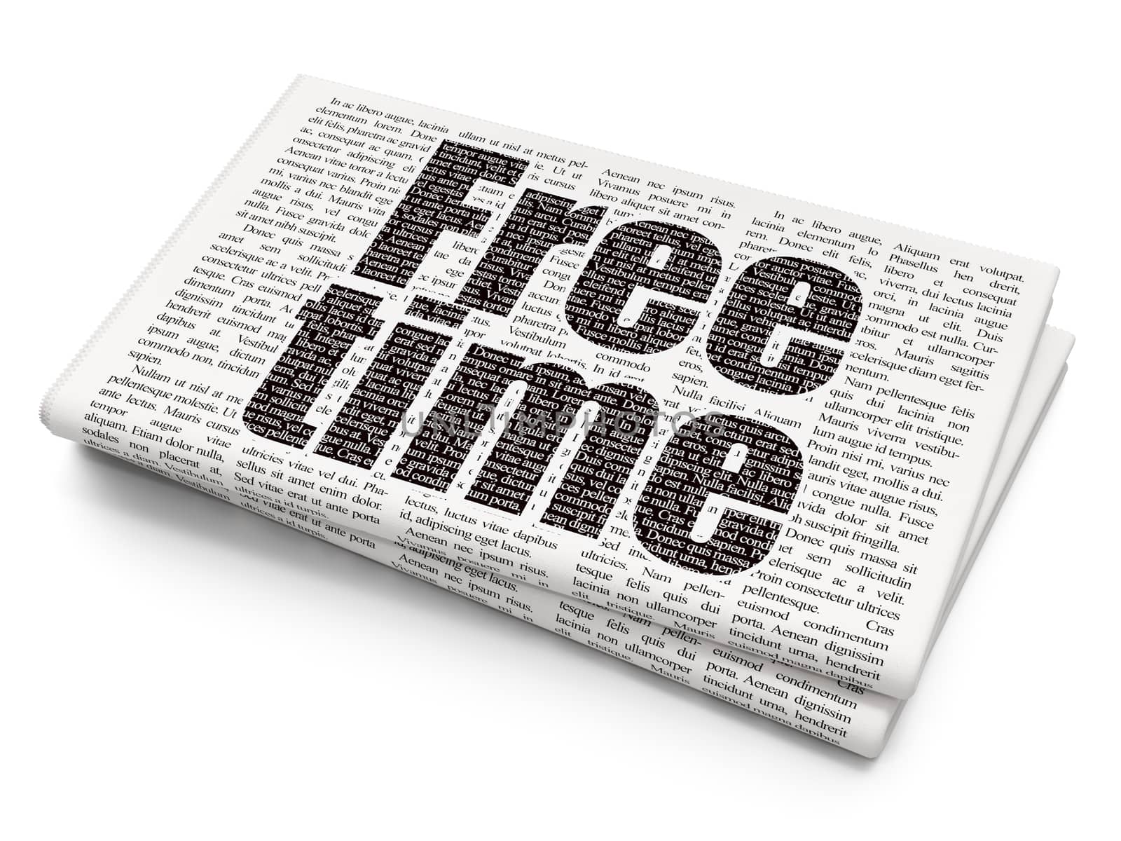 Time concept: Pixelated black text Free Time on Newspaper background, 3D rendering