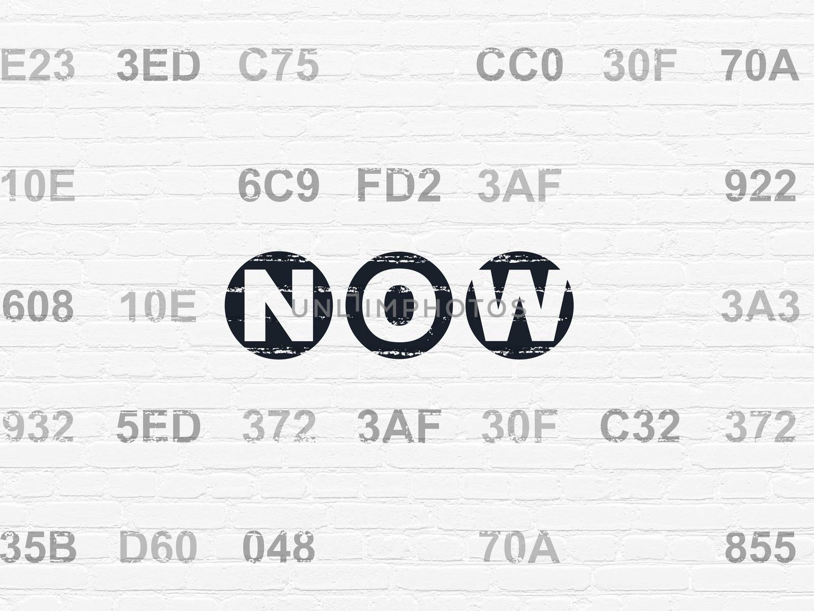 Timeline concept: Painted black text Now on White Brick wall background with Hexadecimal Code