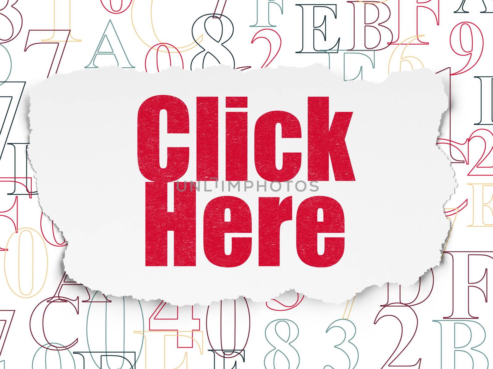 Web design concept: Painted red text Click Here on Torn Paper background with  Hexadecimal Code