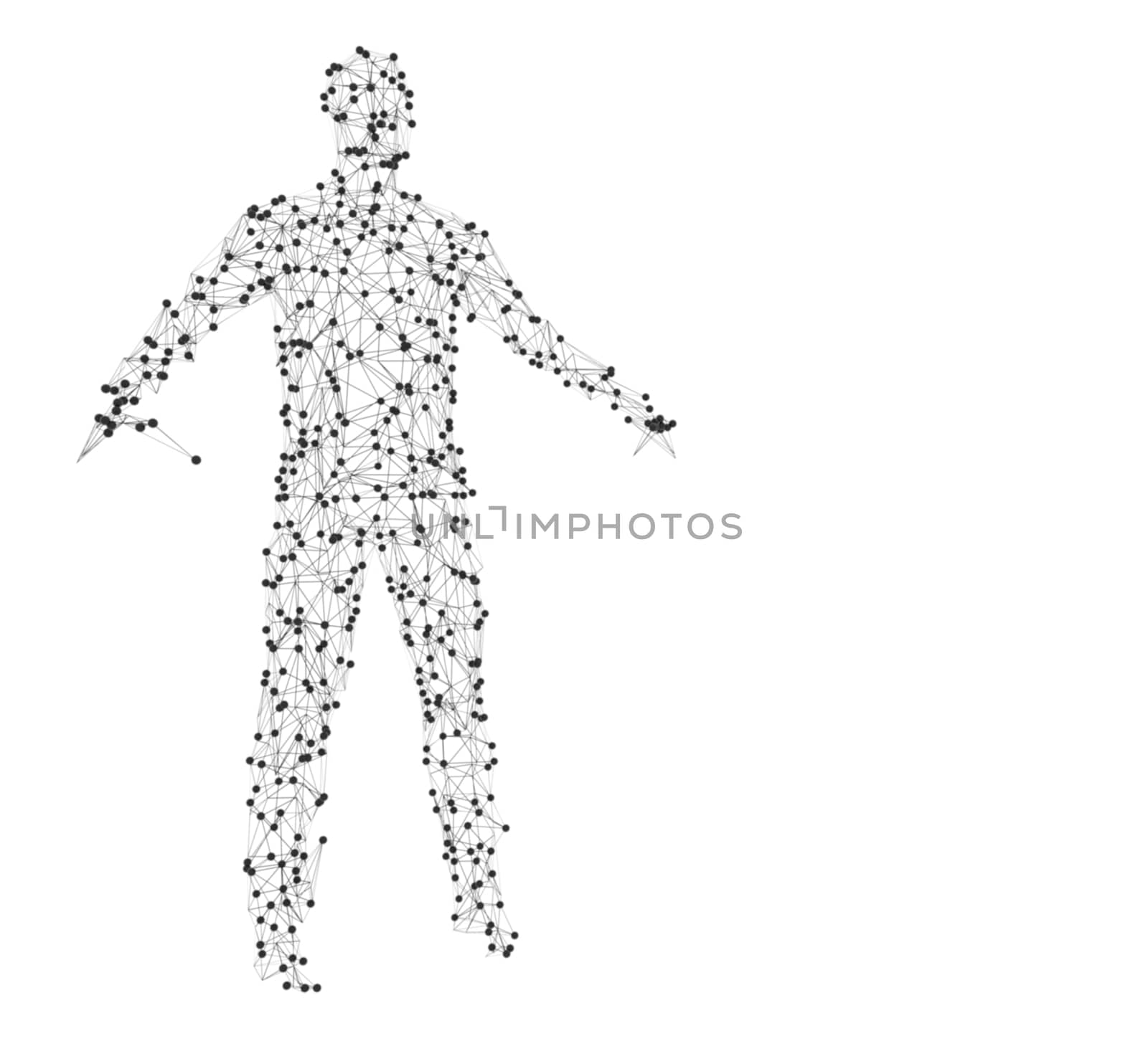 Silhouette of man. Spheres and lines. 3d illustration