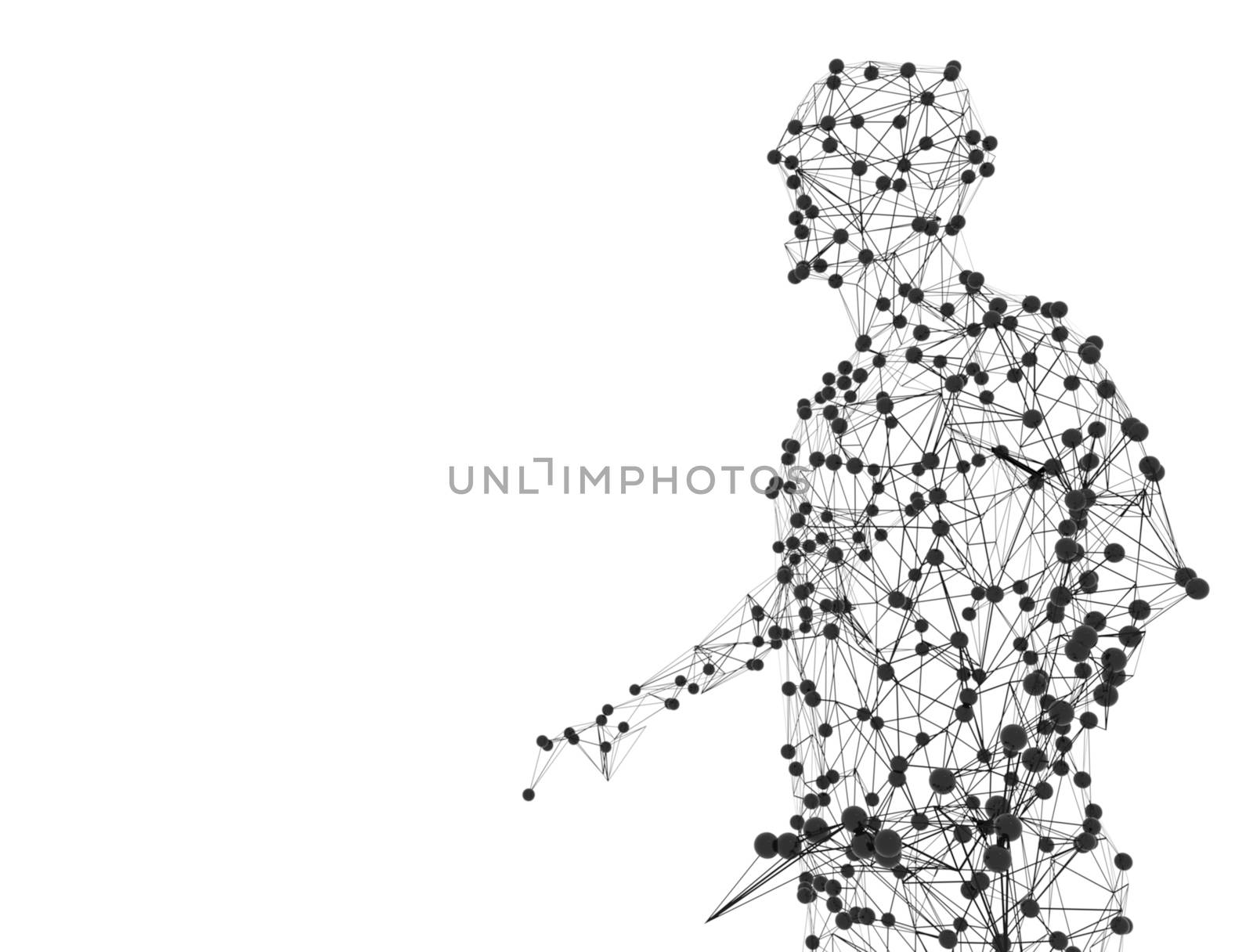 Silhouette of man. Spheres and lines. 3d illustration