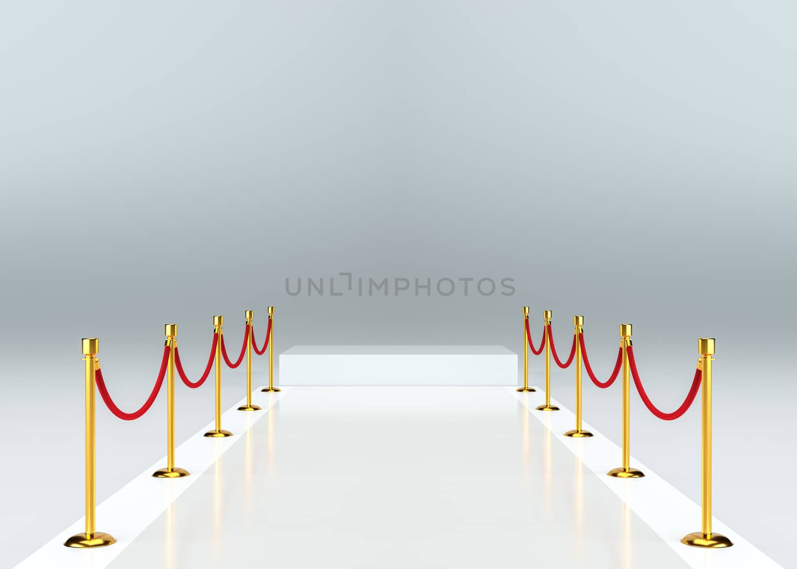 White glossy carpet with a barrier. White empty pedestal. 3d illustration