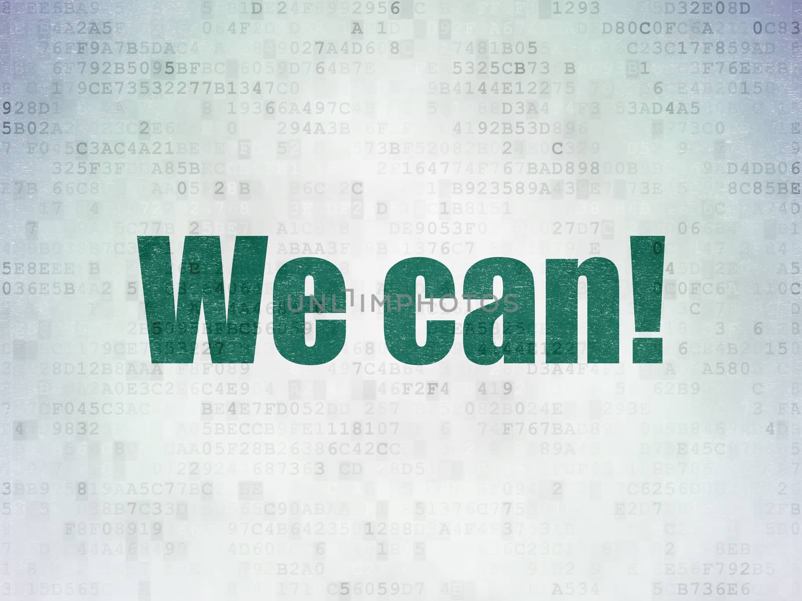 Business concept: Painted green word We can! on Digital Data Paper background
