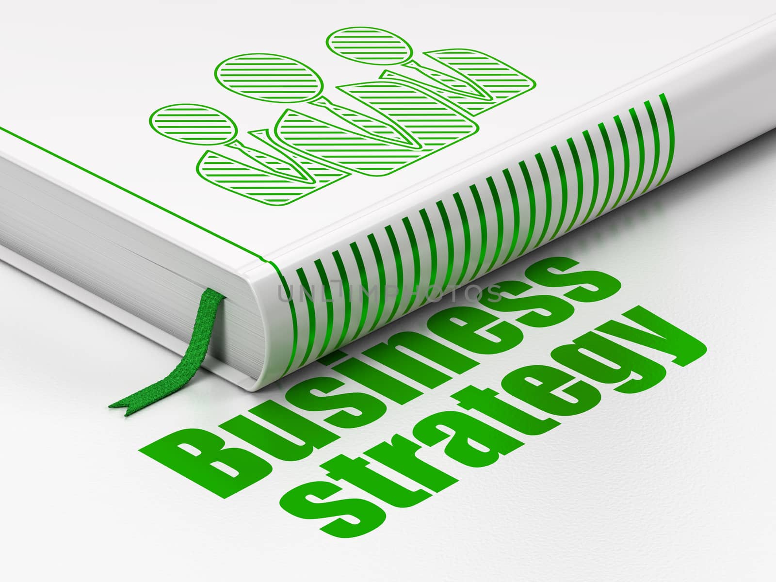 Business concept: closed book with Green Business People icon and text Business Strategy on floor, white background, 3D rendering
