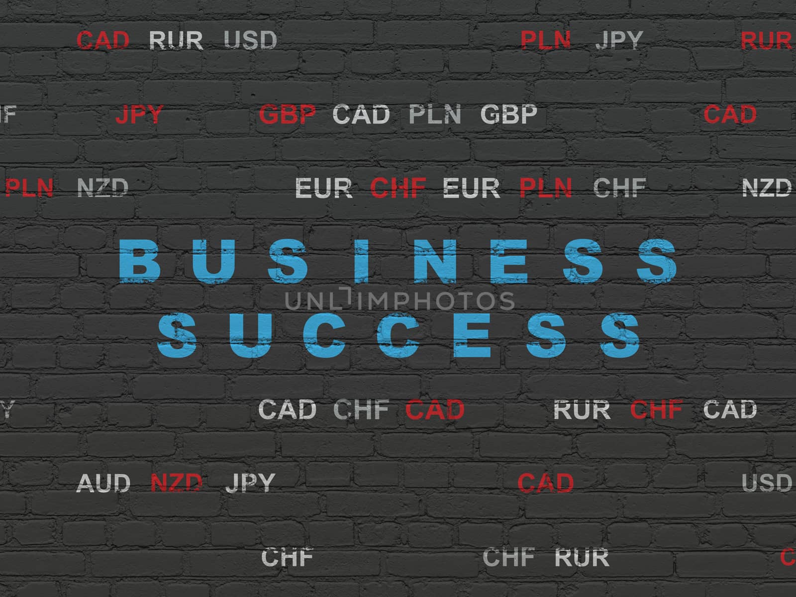 Business concept: Painted blue text Business Success on Black Brick wall background with Currency