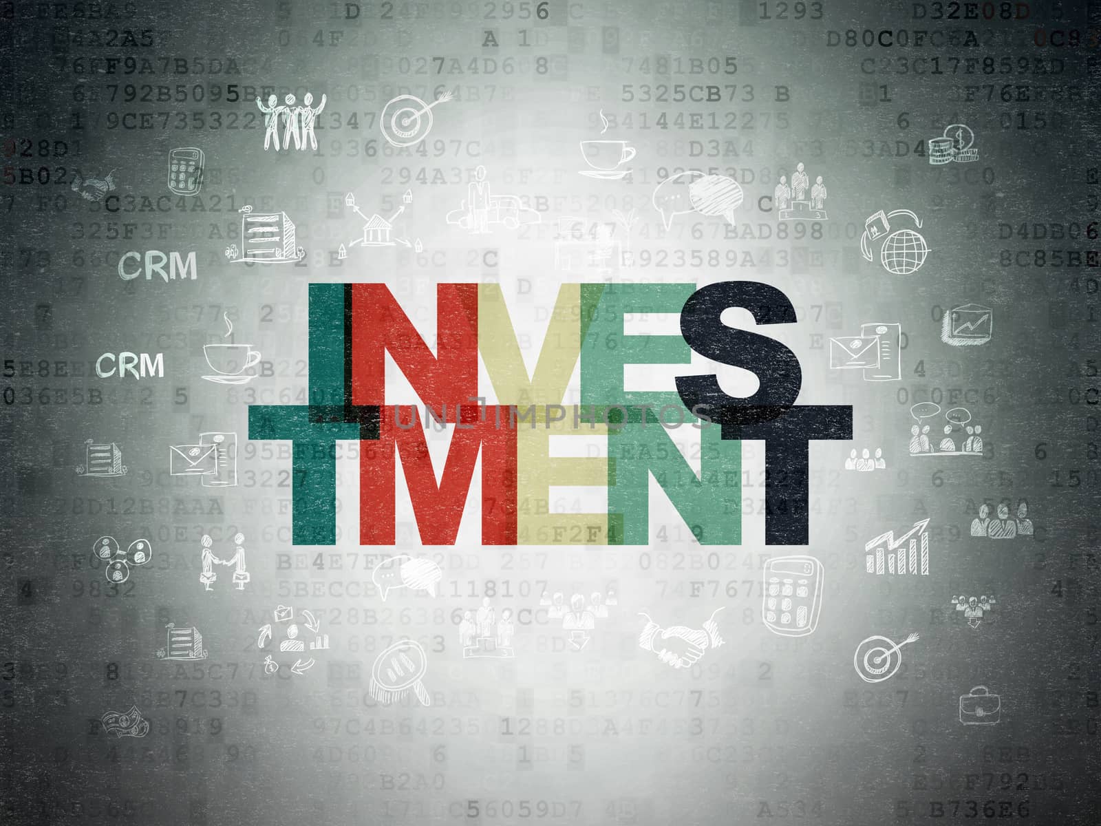 Finance concept: Painted multicolor text Investment on Digital Data Paper background with  Hand Drawn Business Icons