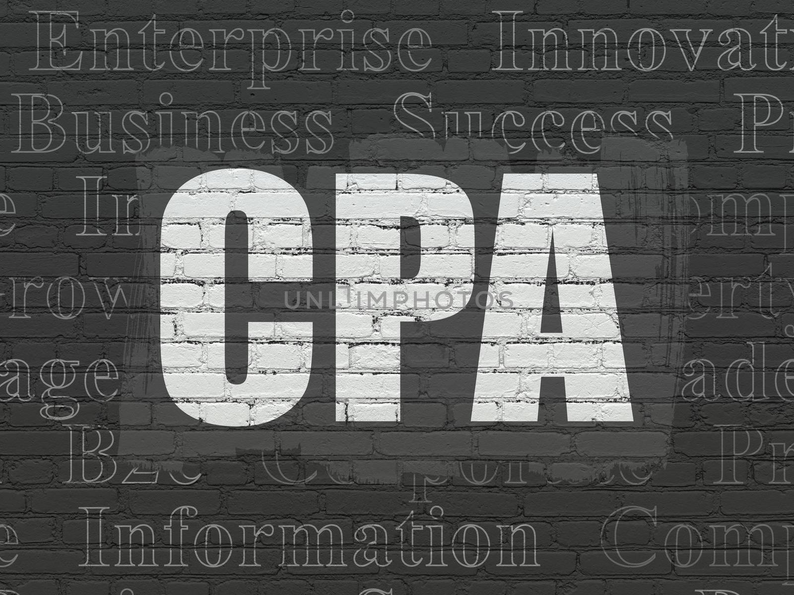 Business concept: Painted white text CPA on Black Brick wall background with  Tag Cloud