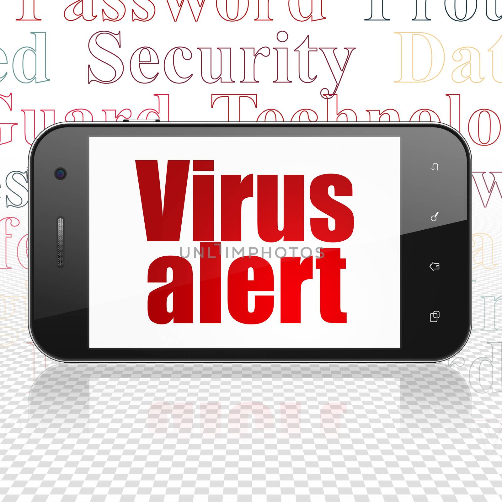 Security concept: Smartphone with  red text Virus Alert on display,  Tag Cloud background, 3D rendering