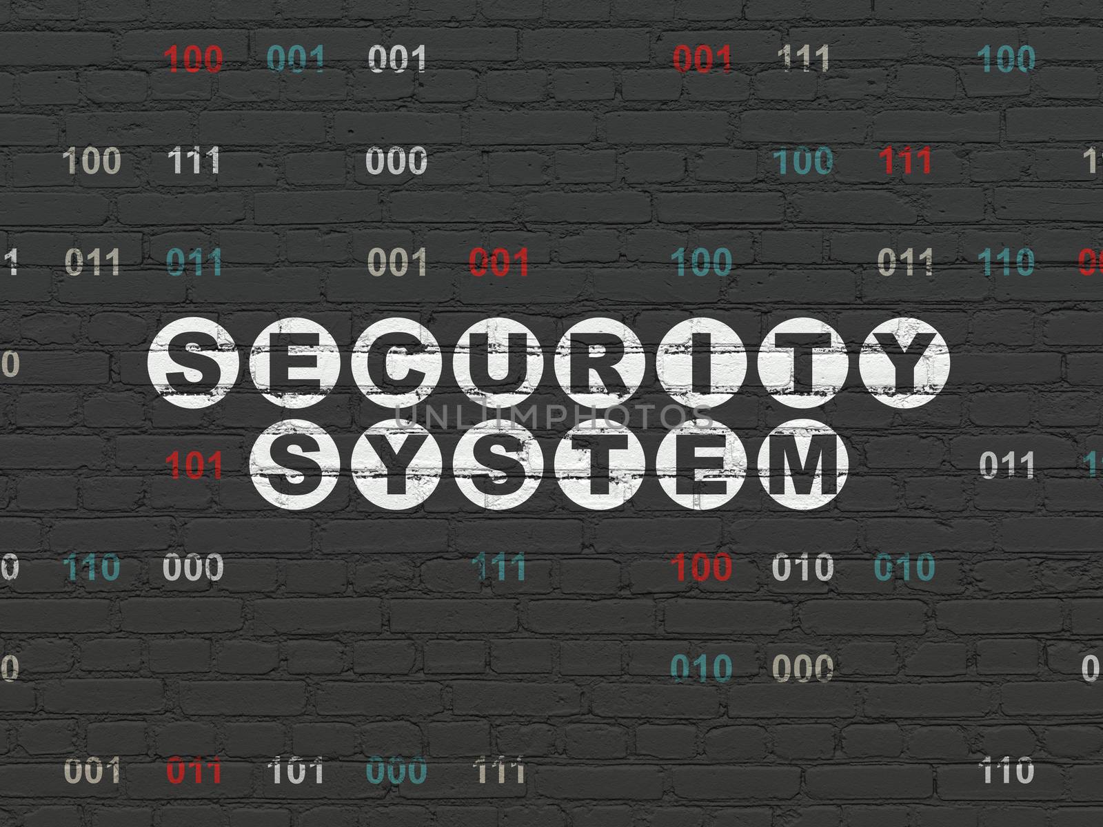 Privacy concept: Painted white text Security System on Black Brick wall background with Binary Code