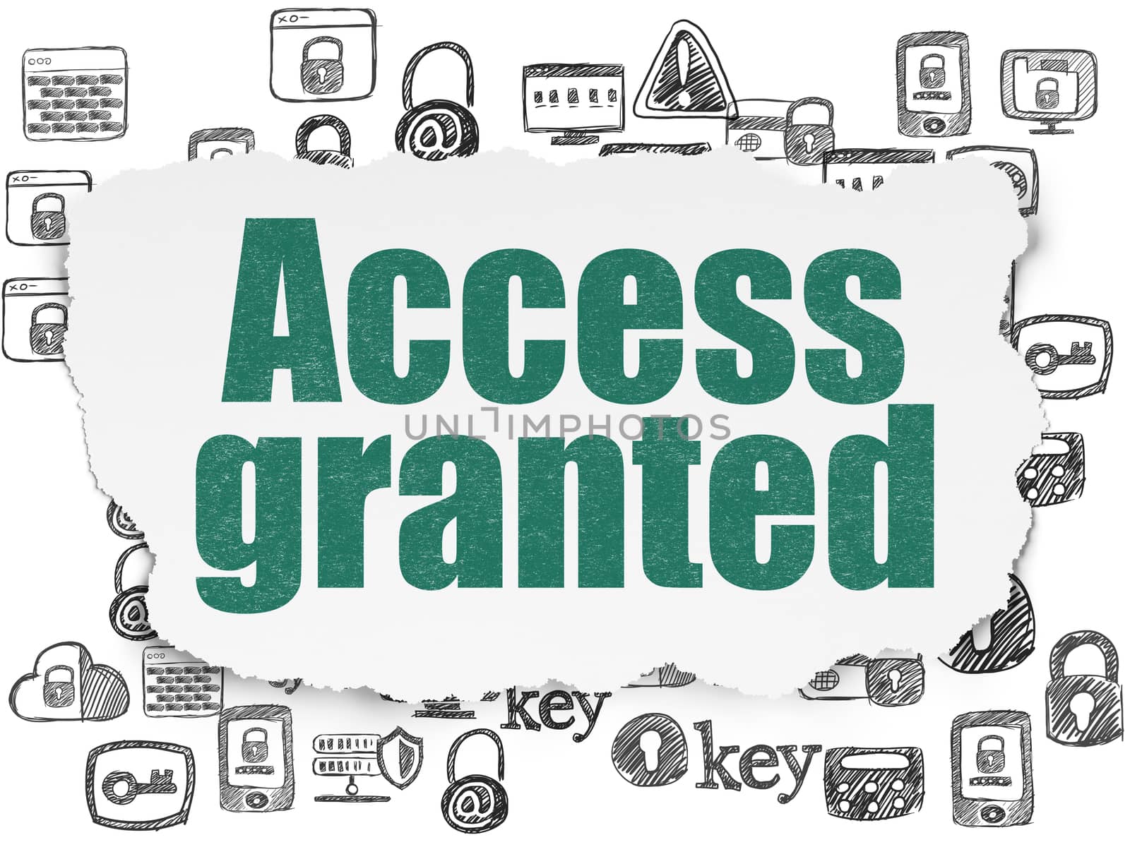 Safety concept: Painted green text Access Granted on Torn Paper background with  Hand Drawn Security Icons