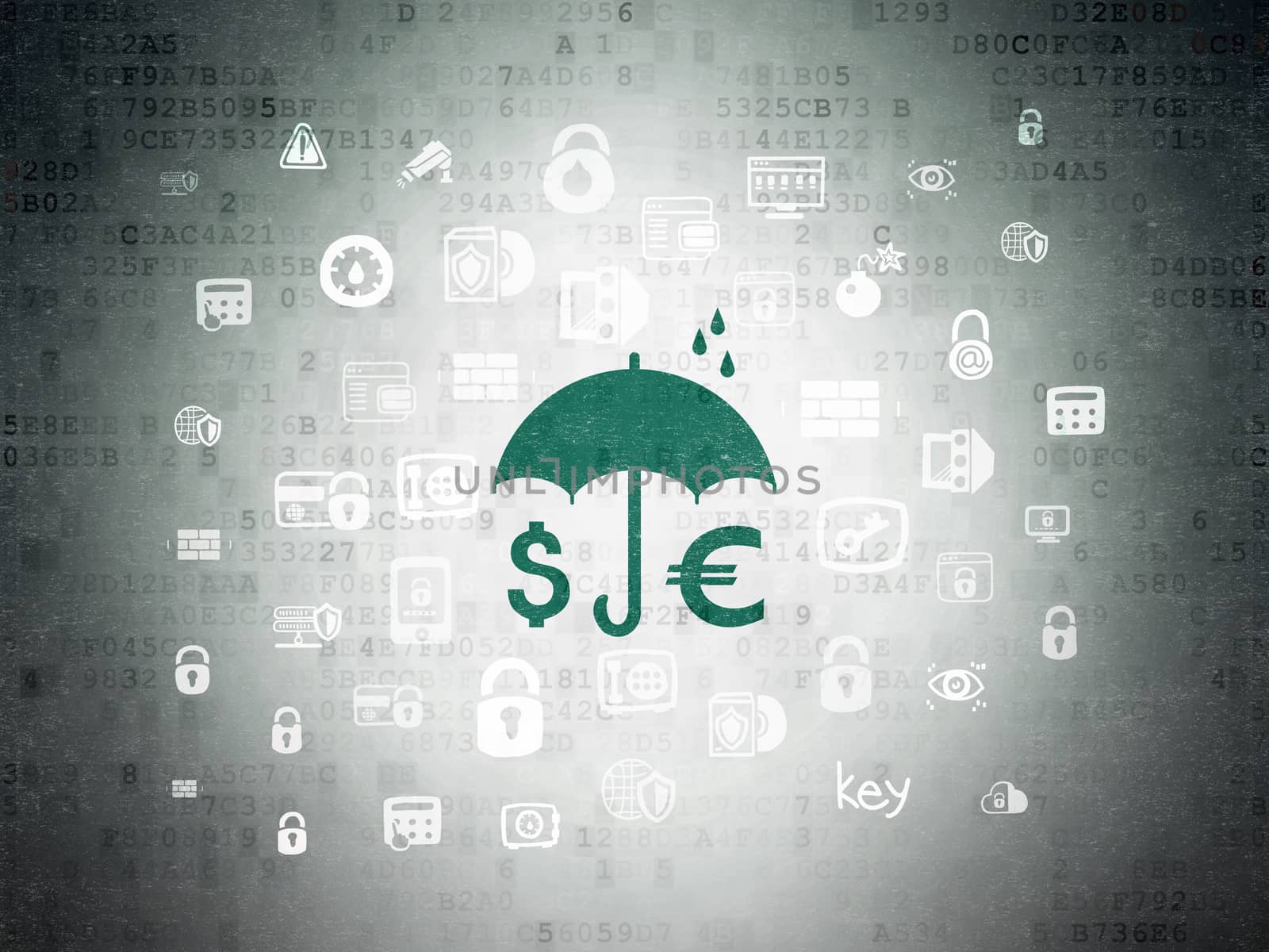 Safety concept: Painted green Money And Umbrella icon on Digital Data Paper background with  Hand Drawn Security Icons