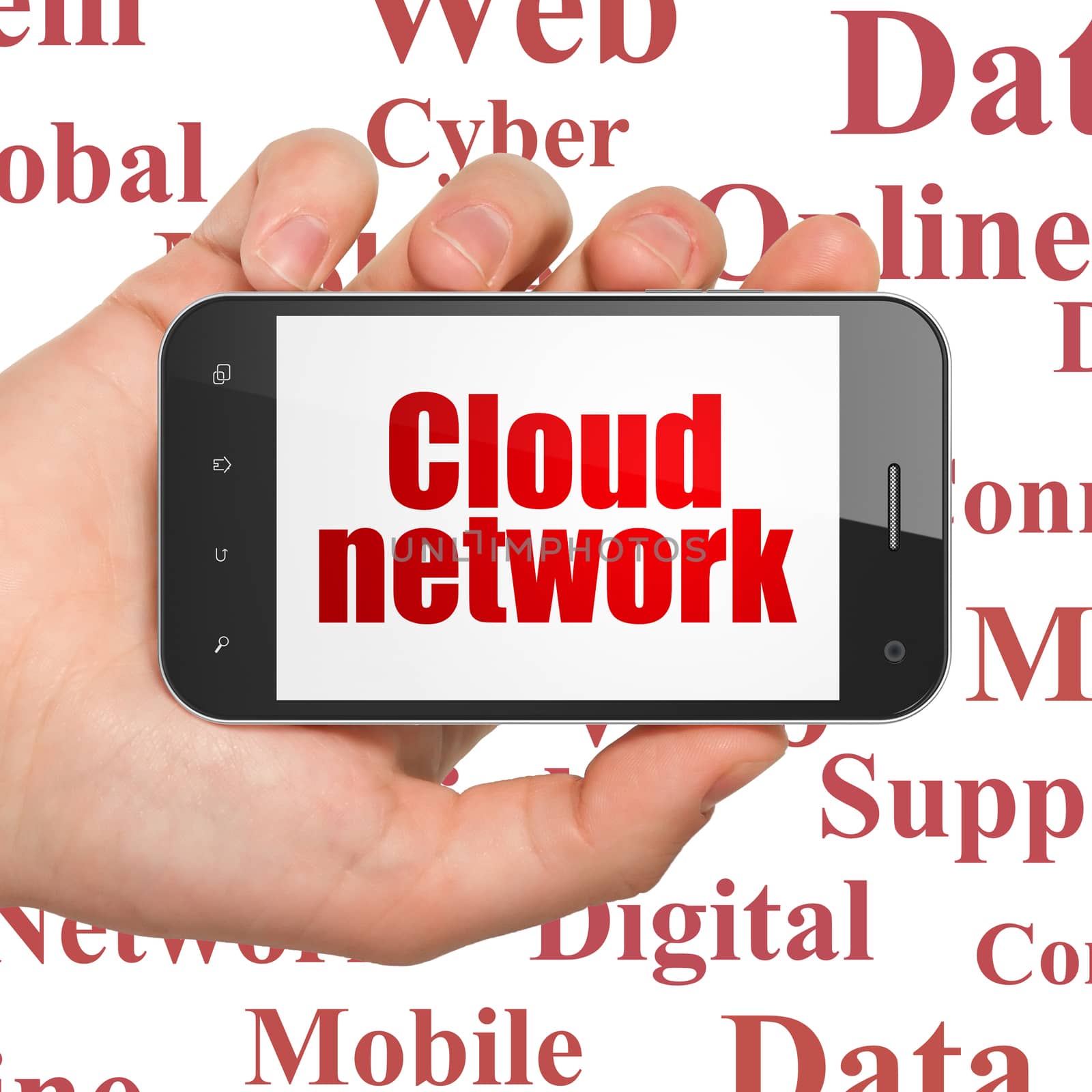 Cloud networking concept: Hand Holding Smartphone with Cloud Network on display by maxkabakov