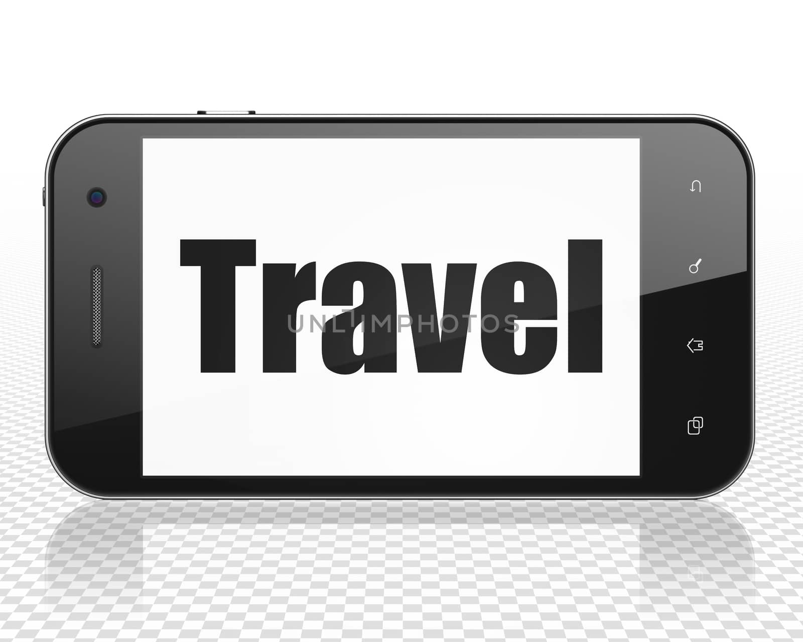 Entertainment, concept: Smartphone with black text Travel on display, 3D rendering