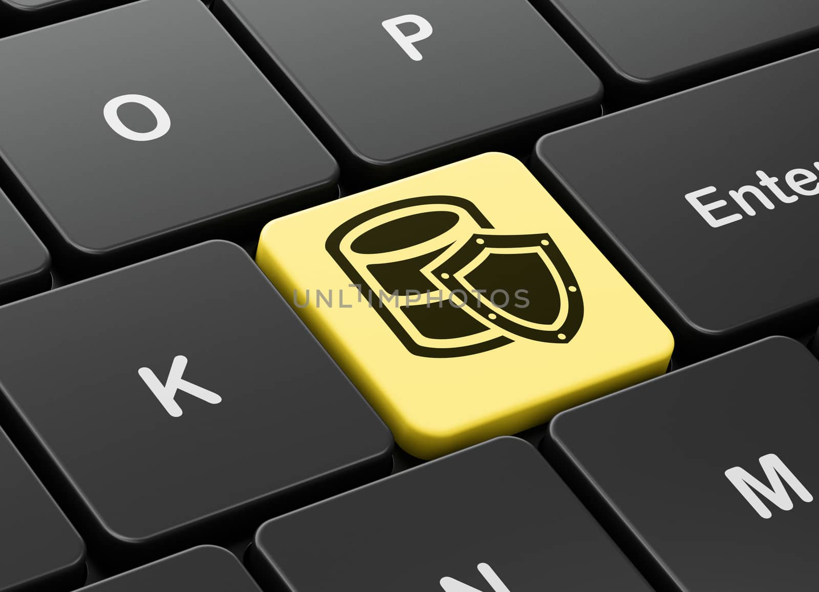 Programming concept: computer keyboard with Database With Shield icon on enter button background, 3D rendering