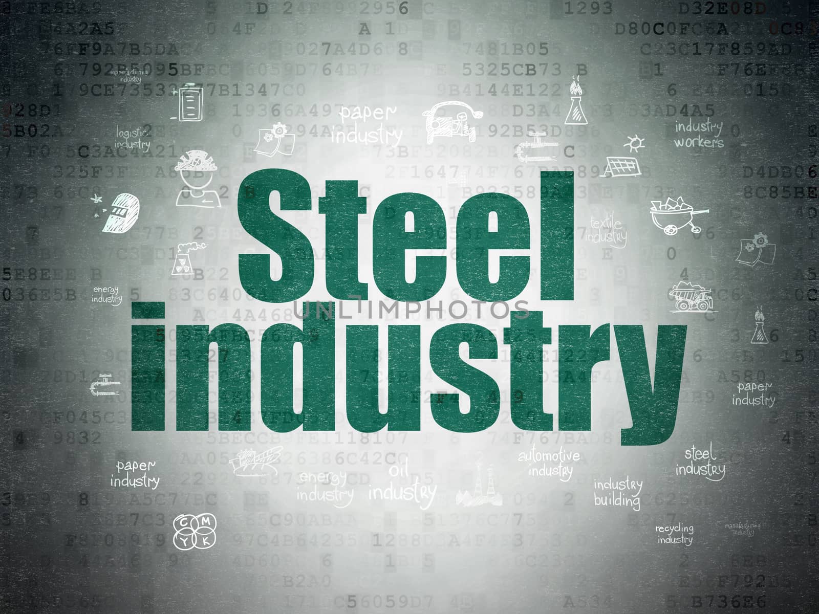Manufacuring concept: Painted green text Steel Industry on Digital Data Paper background with  Hand Drawn Industry Icons