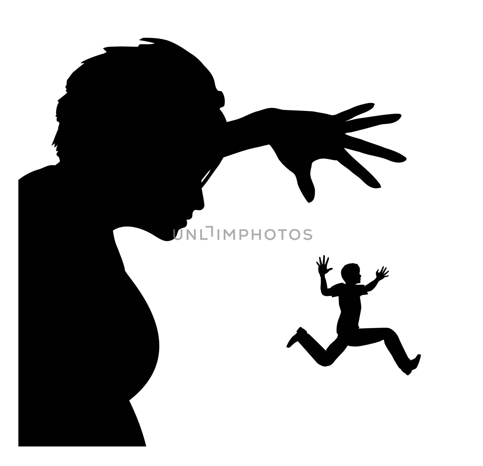 Humorous concept sign of a mean lady chasing a cowardly man trying to escape