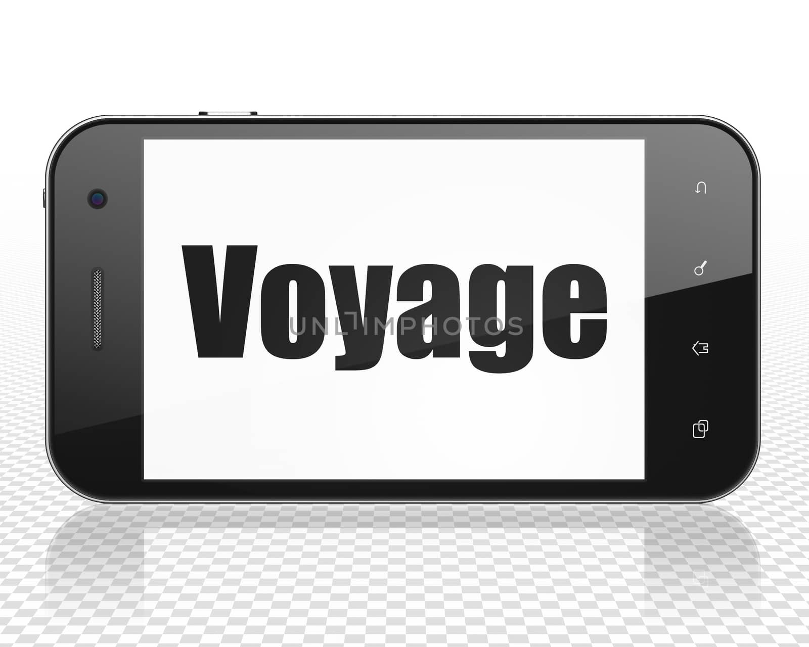 Travel concept: Smartphone with black text Voyage on display, 3D rendering