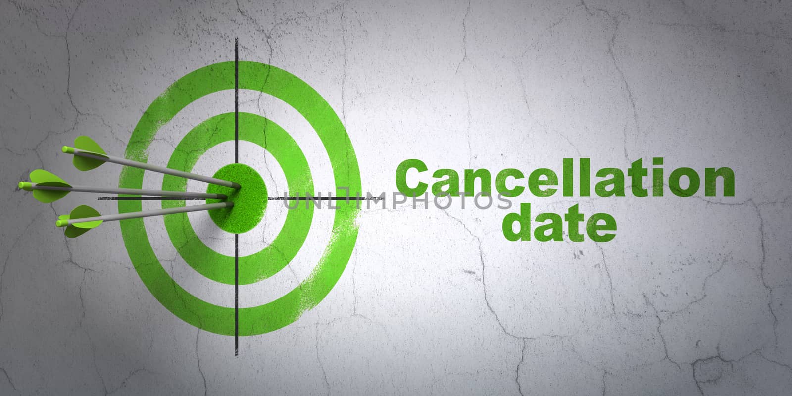 Success law concept: arrows hitting the center of target, Green Cancellation Date on wall background, 3D rendering