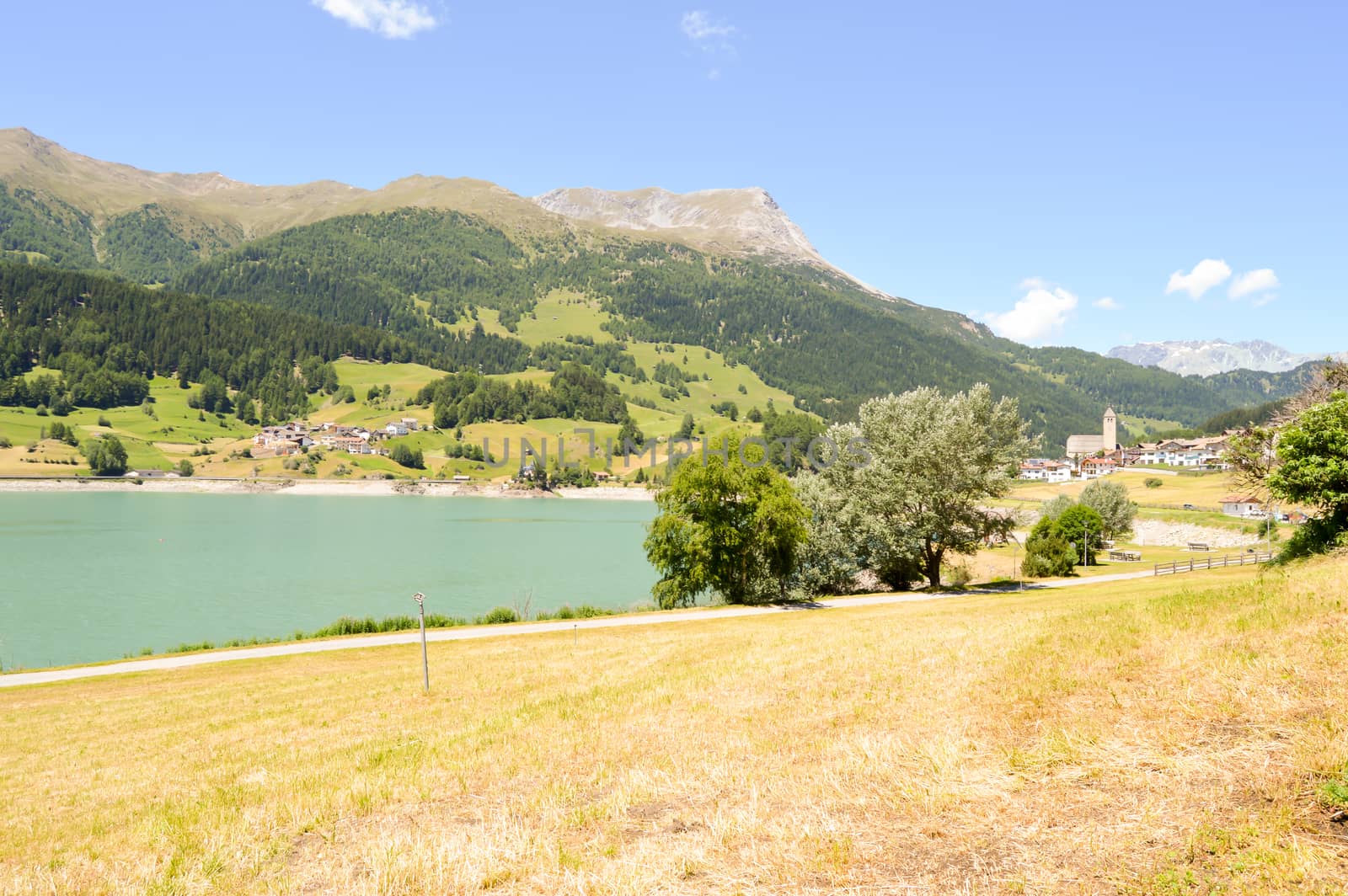 View of Lake Resia in northern Italy, in the Trentino-Alto Adige region