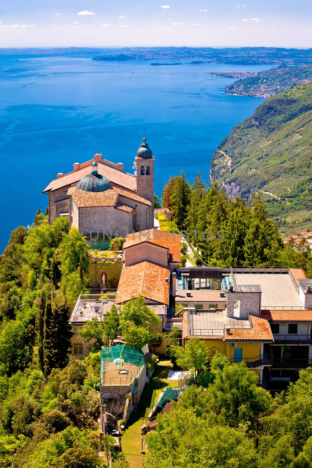 Madonna di Montecastello hermitage above Lago di Garda vertical view, Lombardy, Italy