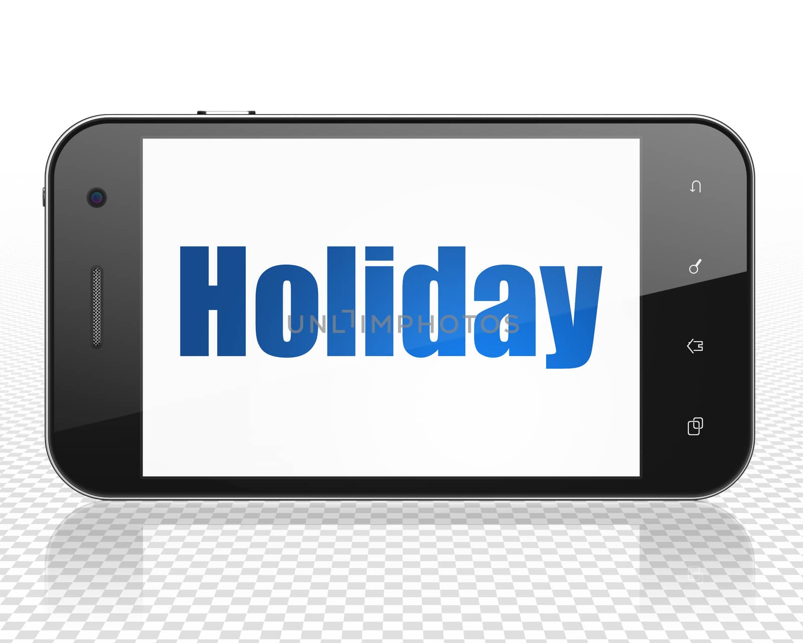 Holiday concept: Smartphone with blue text Holiday on display, 3D rendering