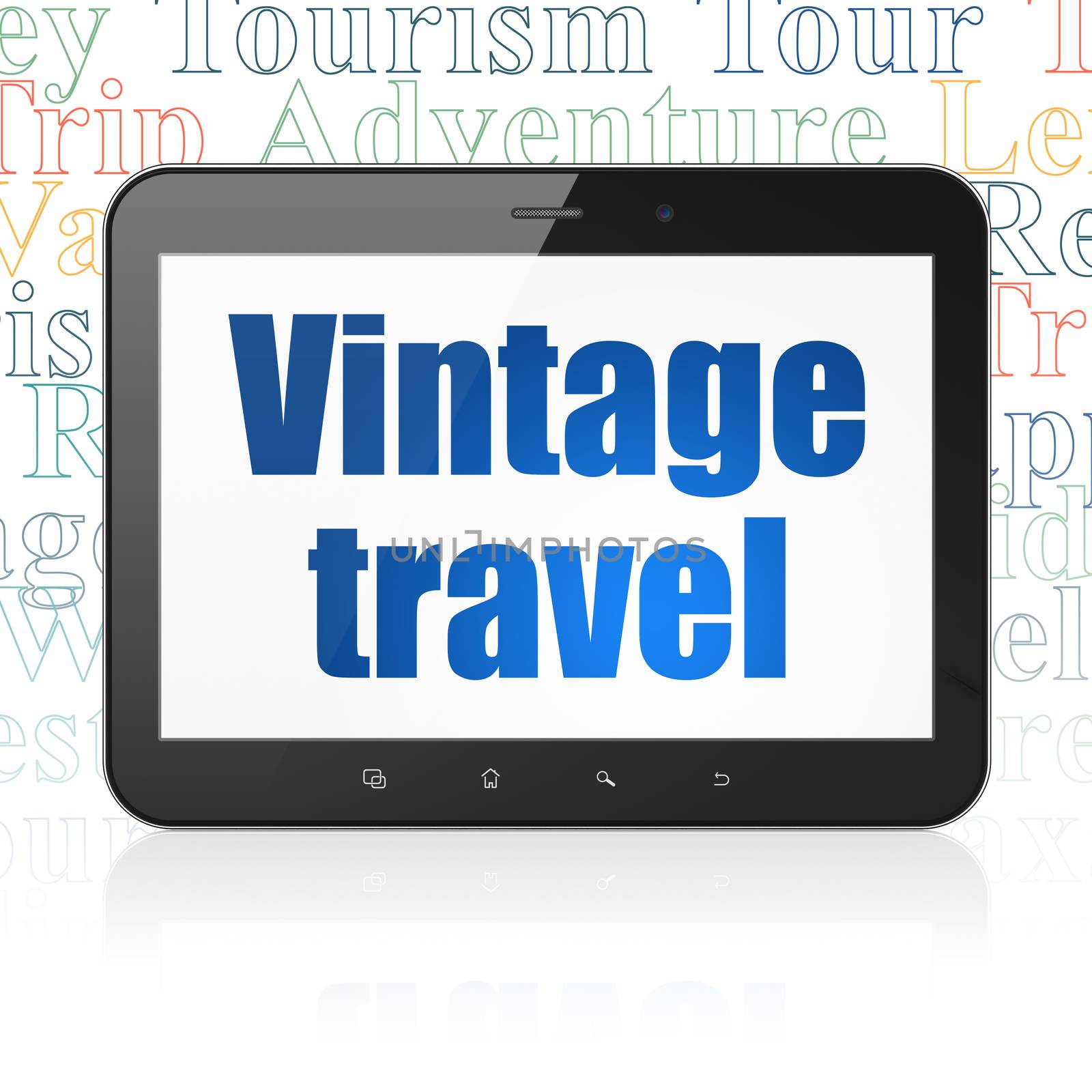 Travel concept: Tablet Computer with  blue text Vintage Travel on display,  Tag Cloud background, 3D rendering