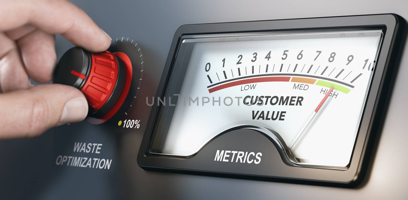 Hand turning a waste knob to optimize production and reduce costs with the purpose of creating customer value. Concept of lean manufacturing. Composite image between a hand photography and a 3D background.