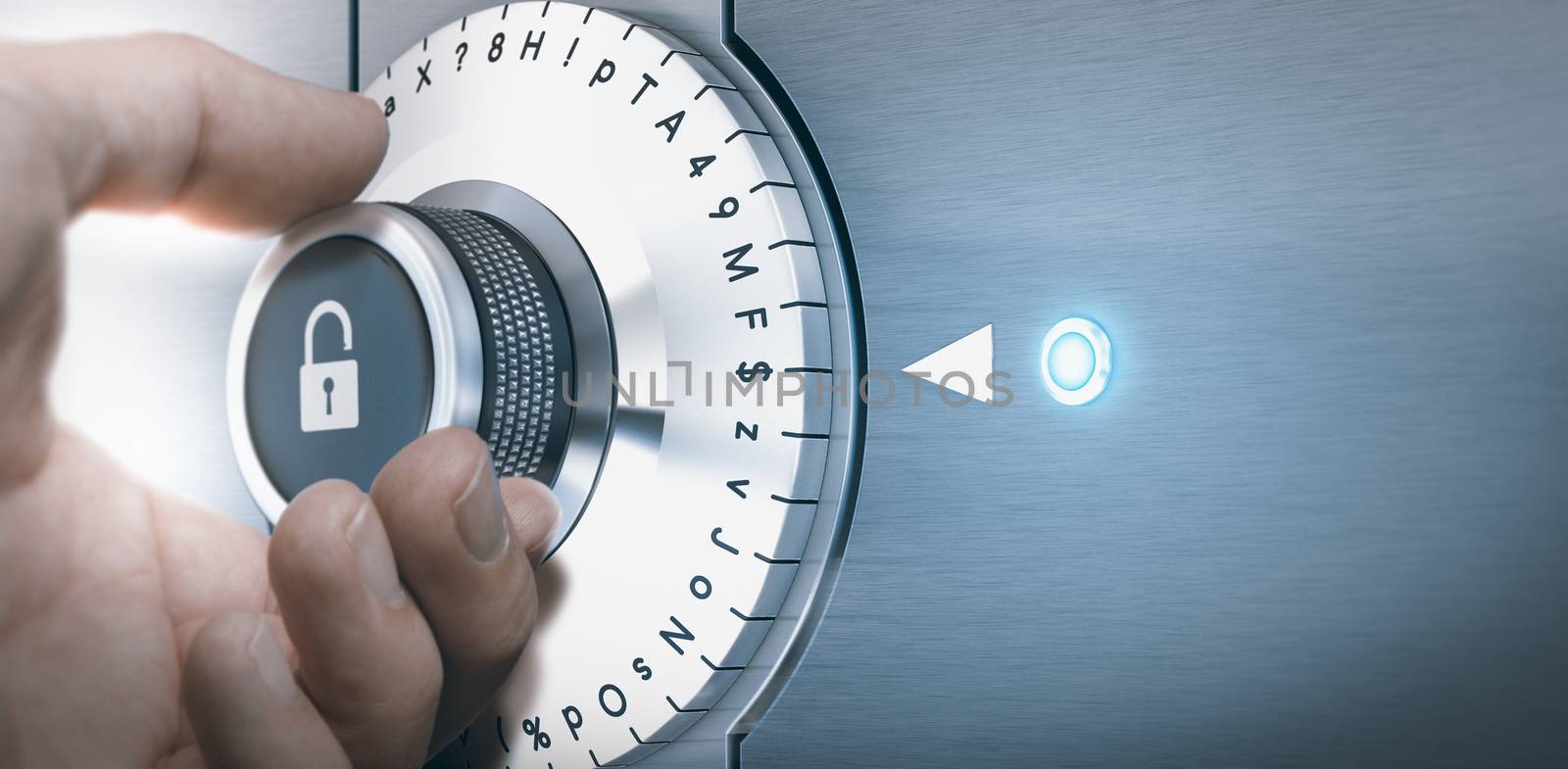 Hand turning a safe lock dial with numbers, punctuations, letters and symbols. Concept of Safe and secured password generation. Composite image between a hand photography and a 3D background.