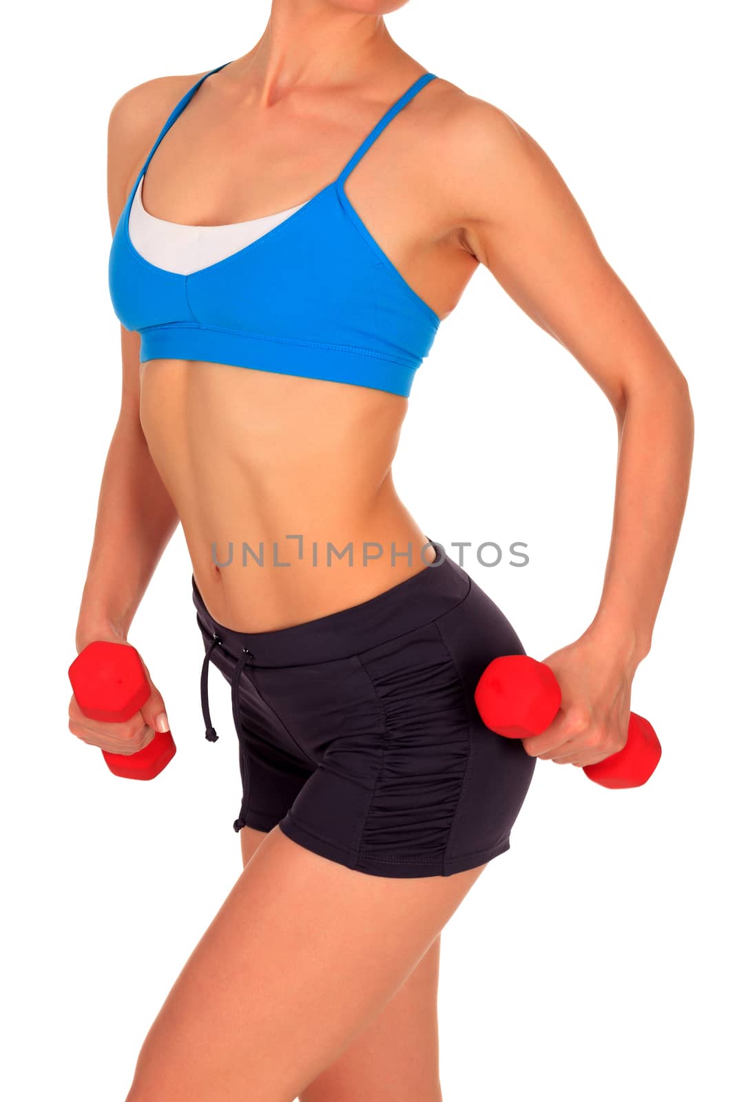 Beautiful body of a young fit slim woman lifting dumbbells isola by Nobilior