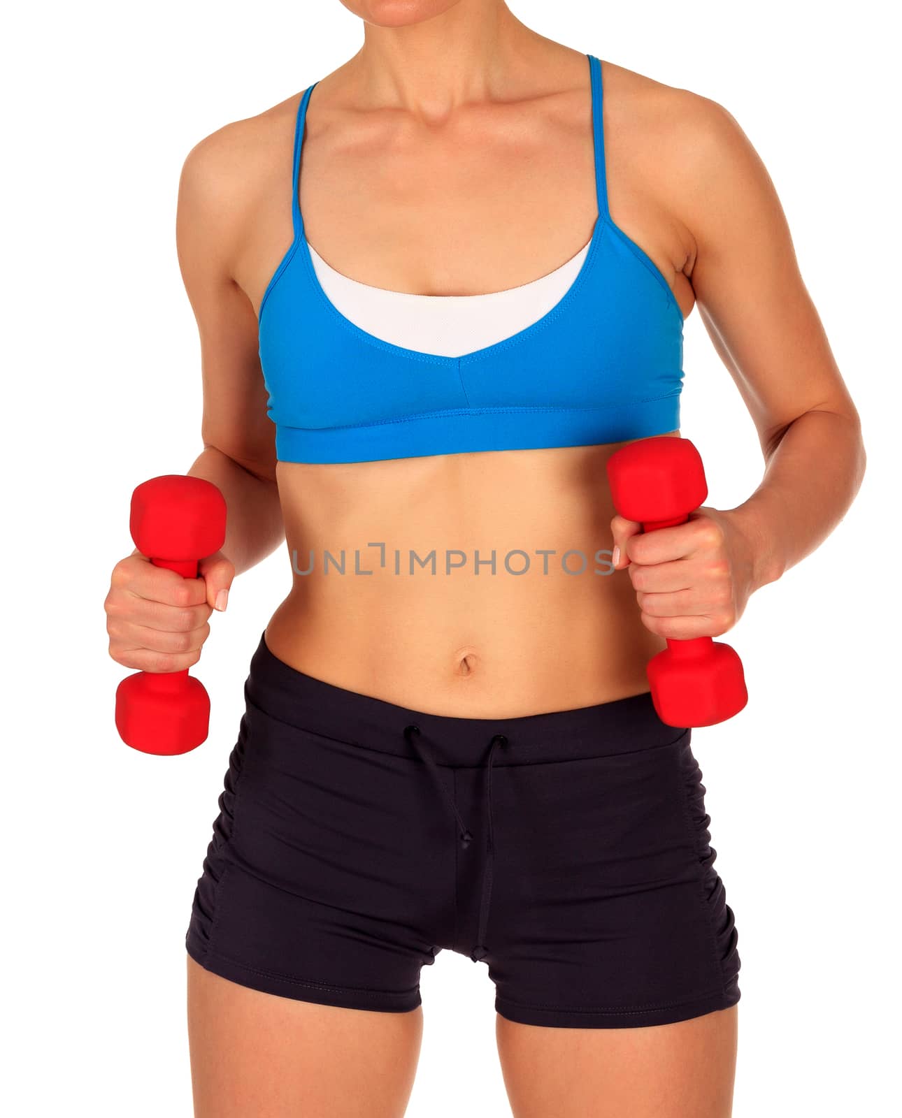 Beautiful body of a young fit slim woman lifting dumbbells isolated on white background