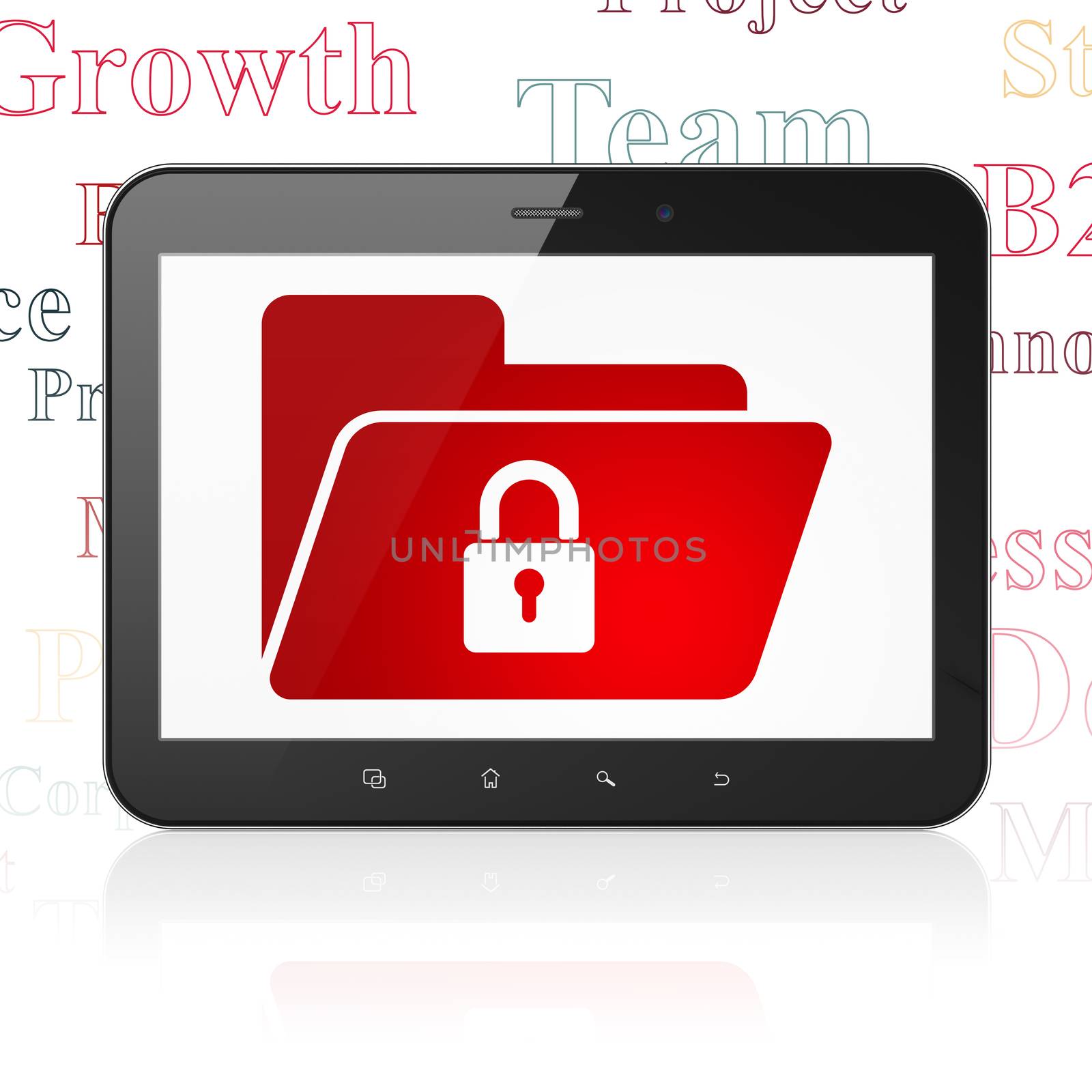 Business concept: Tablet Computer with  red Folder With Lock icon on display,  Tag Cloud background, 3D rendering