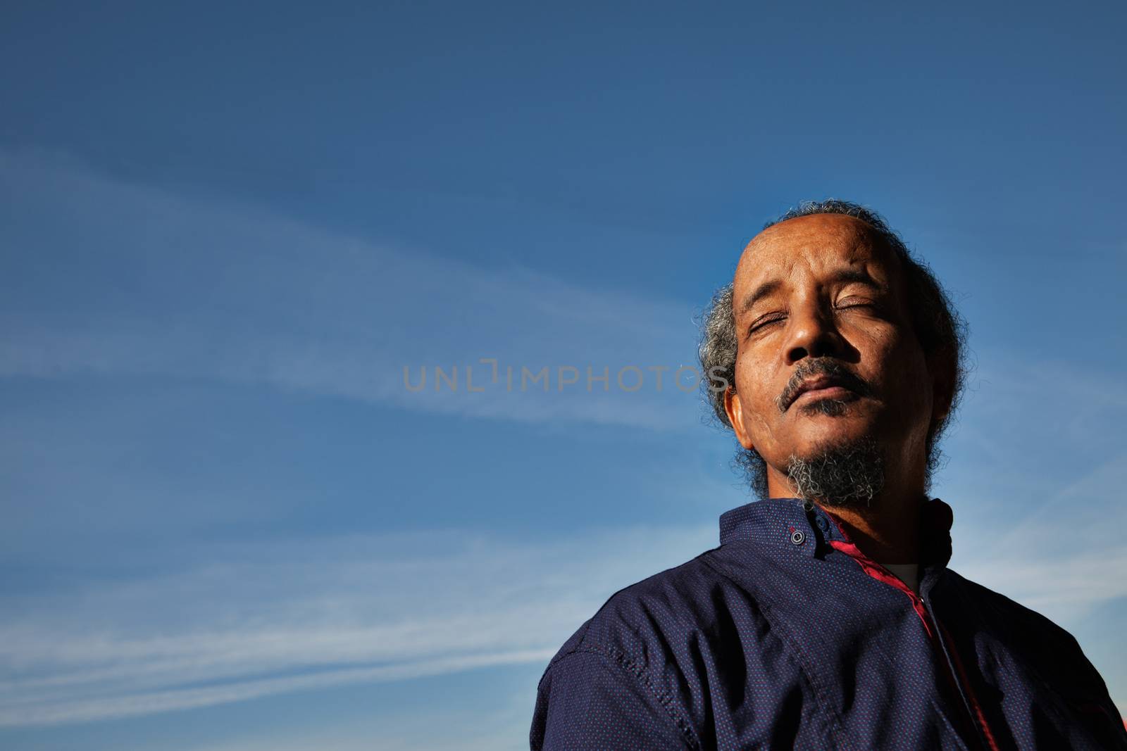 A portrait of a black rastafarian man over a blue sky gathering sun, eyes closed.