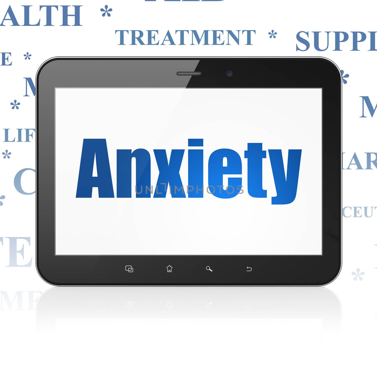 Healthcare concept: Tablet Computer with  blue text Anxiety on display,  Tag Cloud background, 3D rendering