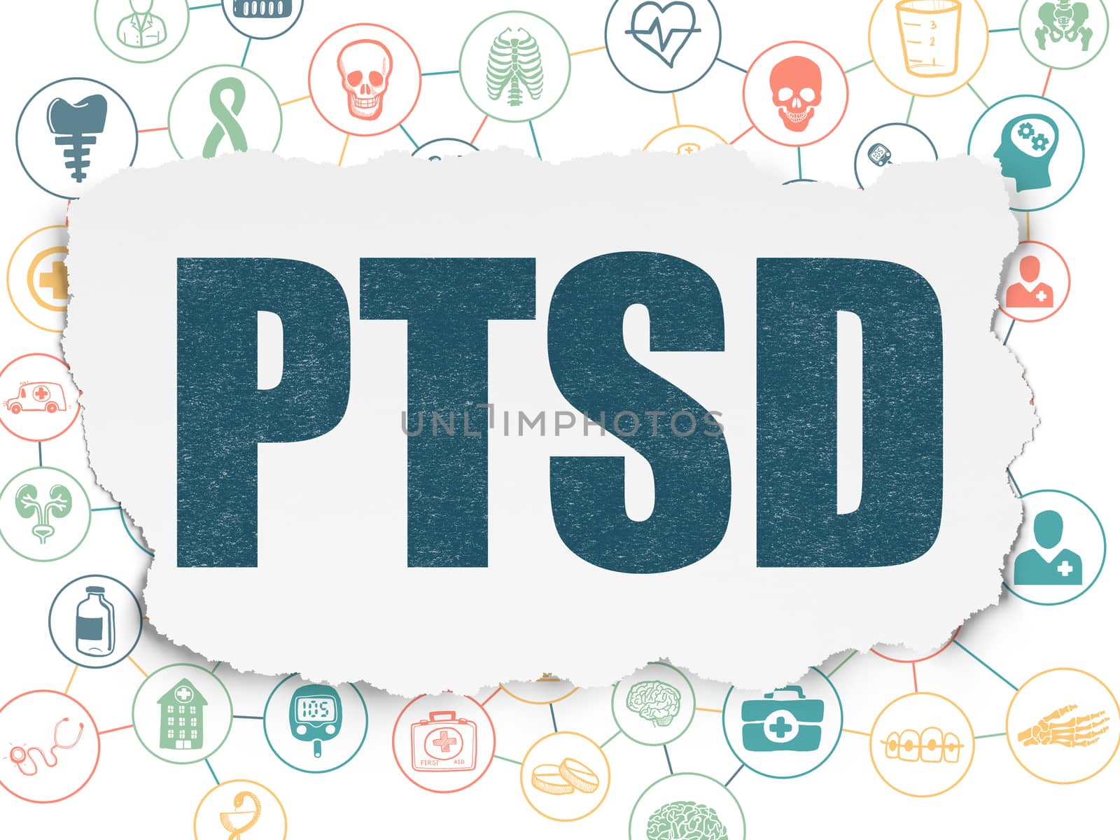 Healthcare concept: Painted blue text PTSD on Torn Paper background with Scheme Of Hand Drawn Medicine Icons