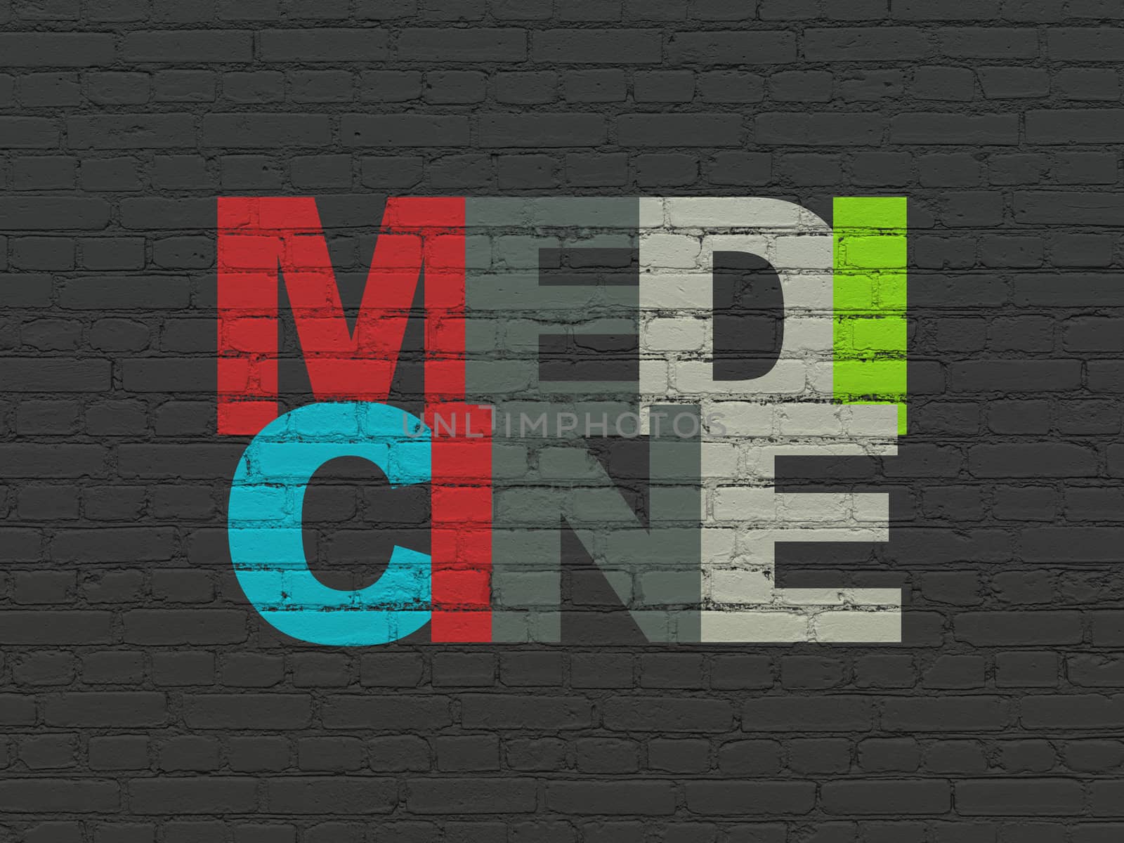 Medicine concept: Painted multicolor text Medicine on Black Brick wall background