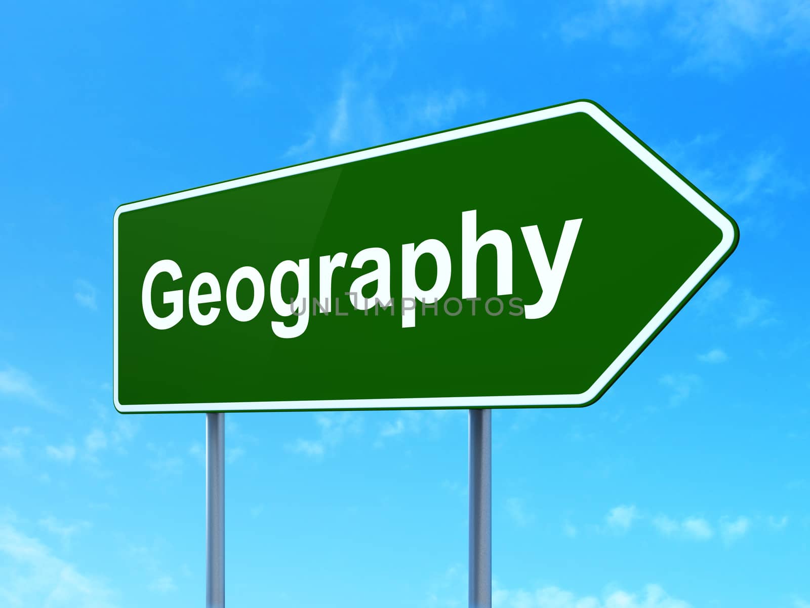 Science concept: Geography on green road highway sign, clear blue sky background, 3D rendering