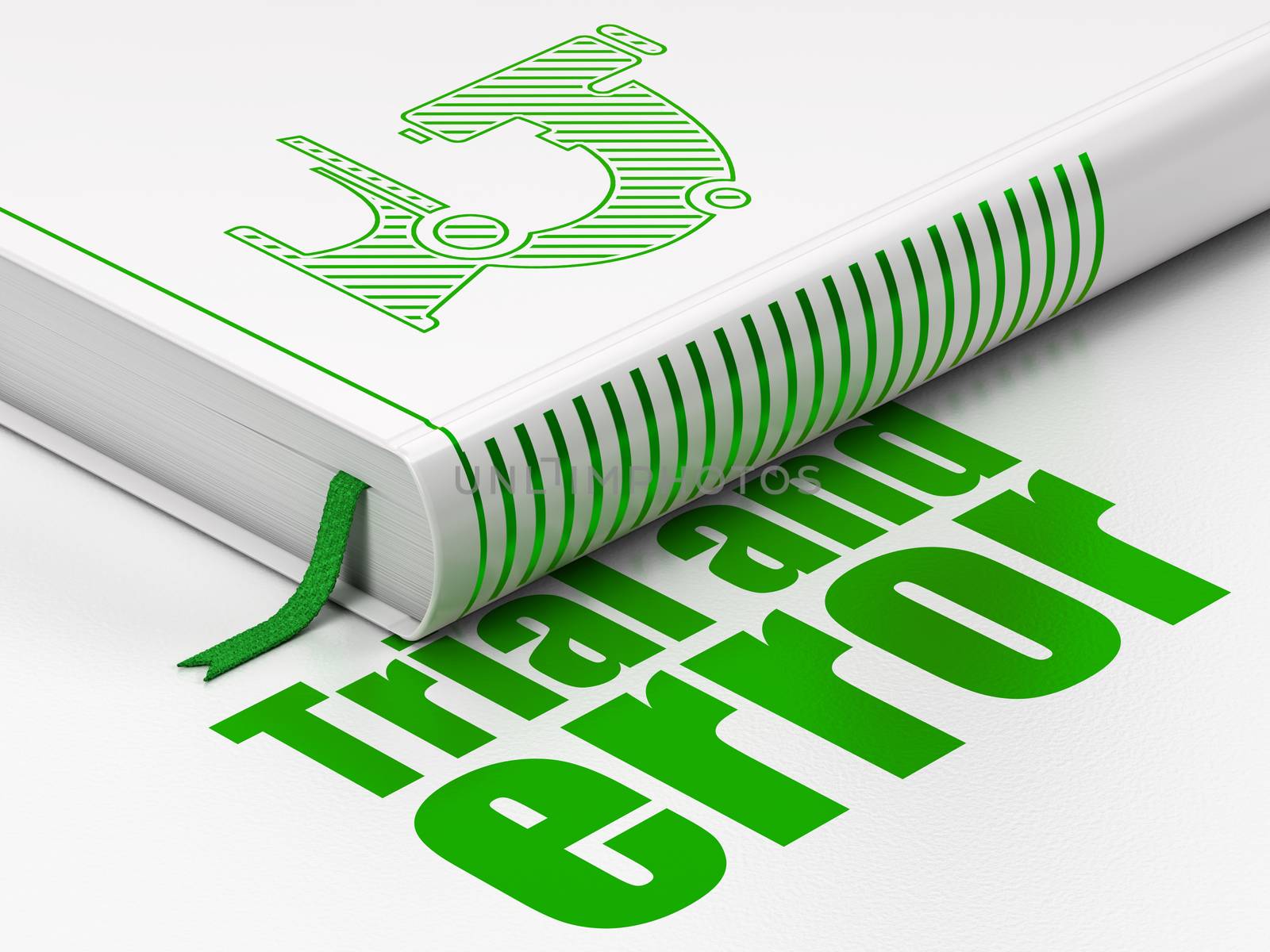 Science concept: closed book with Green Microscope icon and text Trial And Error on floor, white background, 3D rendering